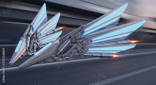 Futuristic silver spaceship with blue wings and engines blazing