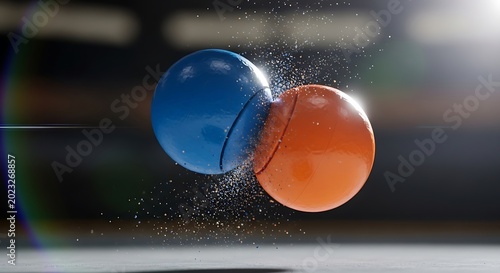 Blue and orange pills colliding with particles exploding around them in mid air