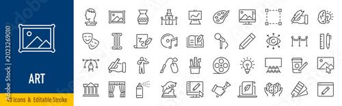 Art web icons in line style. Creative, museums, architecture, artist, sculpture, statue, image, music, collection. Vector illustration.
