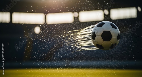 Soccer ball flying through the air with motion blur and water droplets around it in stadium
