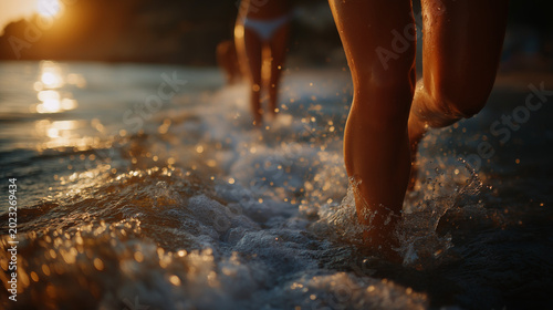 Sunset Serenity: Close-up of bare feet walking through shallow ocean waves at sunset, capturing the tranquil beauty of a beach at dusk.