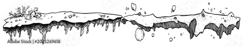 Fotografie Melting ice shelf with dripping icicles and falling snow chunks in hand drawn sk