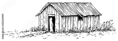 Fotografie Old wooden shed in a rural field in vintage engraving style