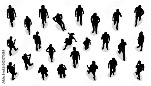 People silhouette isometric crowd walking and standing | Top view diverse citizens group with shadows | Vector illustration set