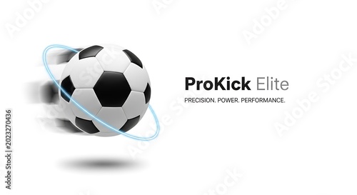 Soccer ball with blue ring and shadow on white background for advertising or promotional use