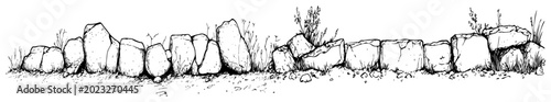 Low stone wall border with wild grass in vintage woodcut engraving style