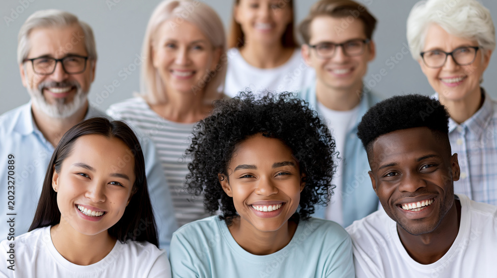 Obraz premium Close-up of a collage of happy beautiful people of different ages and nationalities, inclusive lifestyle concept, diverse age and culture photography, multigenerational diversity,