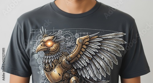 Close-up of a person wearing a t-shirt with a steampunk bird design on the chest area