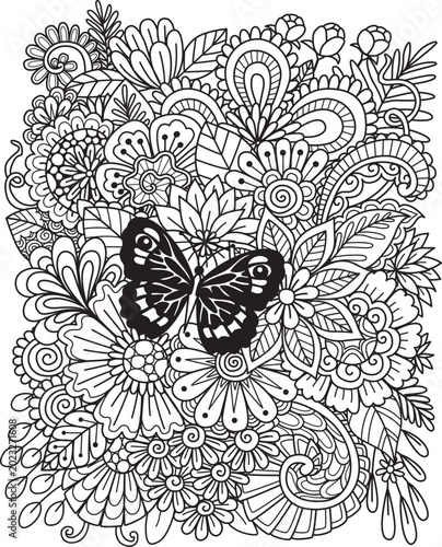 Abstract mandala flowers with butterfly for background and adult coloring book page size 11x8.5 inches. Vector illustration	