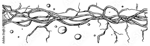 Tangled electrical cables and wires over cracked surface in vintage sketch style