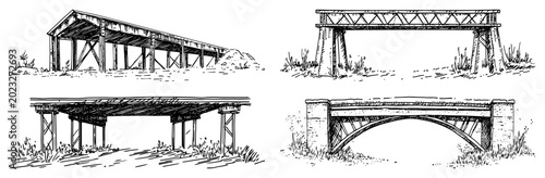 Fotografía Wooden and stone bridge set with various construction designs in hand drawn styl
