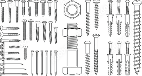 Obraz na płótnie Large Collection of Screws Bolts Nuts Nails and Wall Anchors Vector Hardware Fas