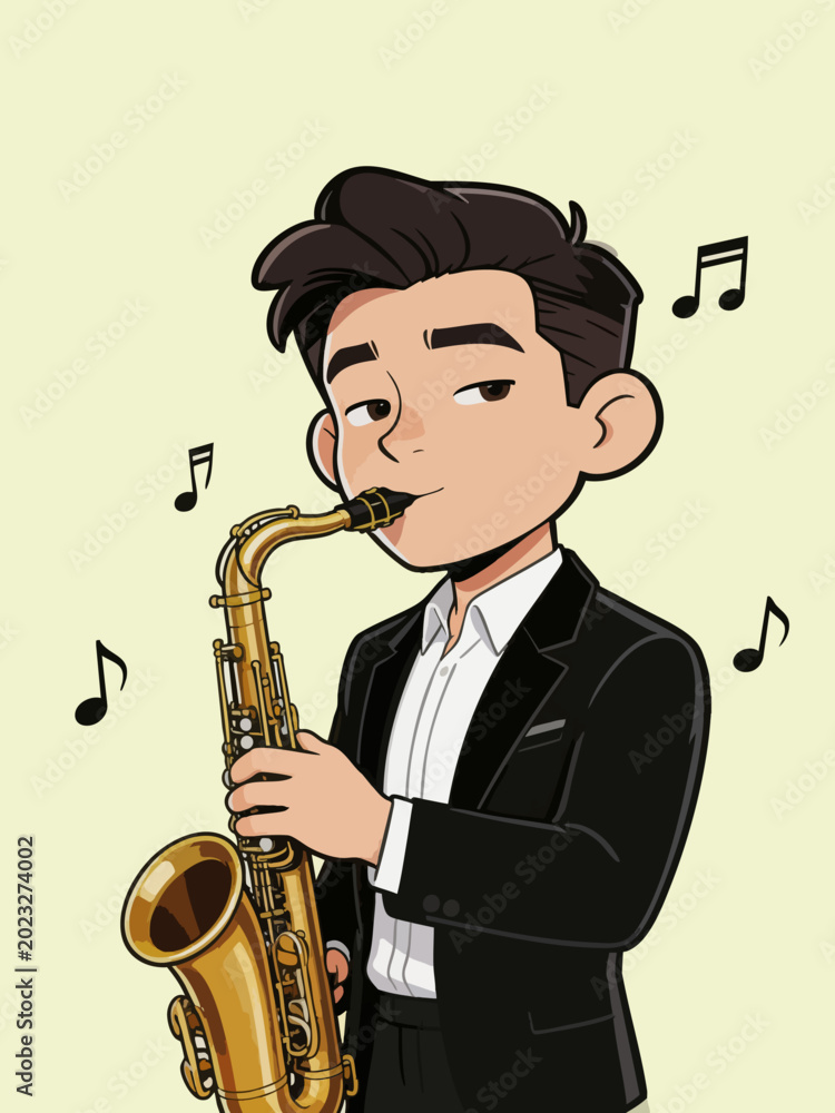 Fototapeta premium Cartoon Male Musician Playing Saxophone in Formal Wear