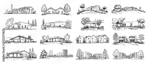 Residential houses and modern bungalows set with various designs in hand drawn sketch style