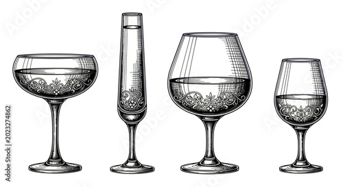 Tableau sur toile Elegant Assortment of Etched Glassware with Liquid