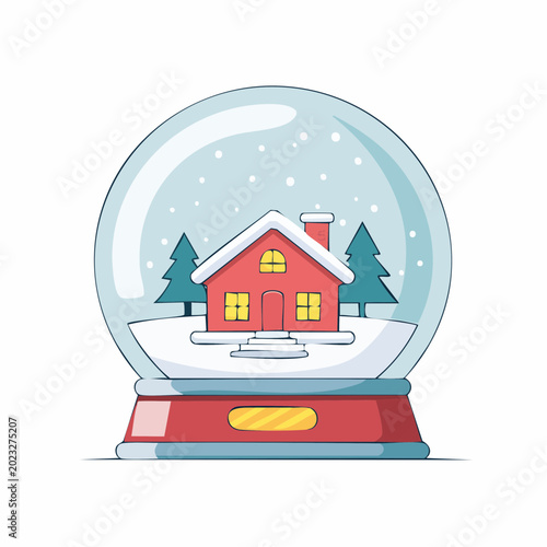 Cartoon Snow Globe with Red House and Christmas Trees