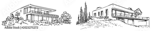 Foto Modern luxury villas and hillside mansions in hand drawn sketch style