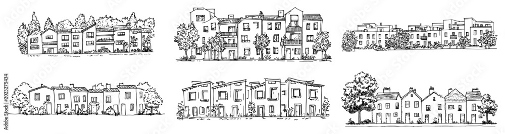Obraz premium Houses collection with various street views and townhouses in vintage engraving style