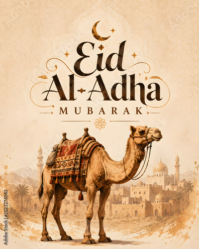 Eid Al-Adha Mubarak Greeting Card with Camel, Elegant Calligraphy Typography, and Ancient Mosque Desert City Background, Islamic Festival Social Media Post Vector