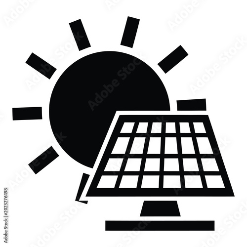 Fotografia Solar panel with sun rays generating renewable energy efficiently outdoors icon