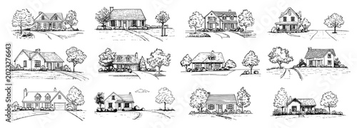 Photos Traditional suburban family homes with driveways and front yards in detailed ske