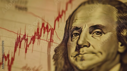 Closeup of Benjamin Franklin on a $100 bill with a red stock market chart in the background.