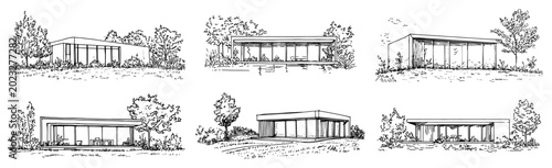Schilderij op canvas Modern glass pavilion houses and one story residential buildings in hand drawn s