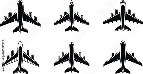 Tableau sur toile Airplane vector icon set top view silhouettes collection