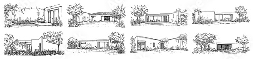 Obraz na plátně Contemporary one story houses and bungalows with gardens in hand drawn sketch st