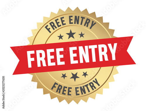 Tableau sur toile free entry badge with red ribbon golden starburst seal on white background