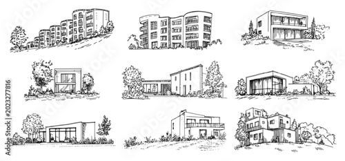 Foto Modern apartment buildings and cubic residential villas on hillside in hand draw