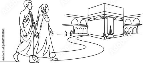 Tableau sur toile Continuous line art of a Muslim couple performing Hajj or Umrah pilgrimage