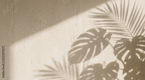 Minimalist Beige Wall Background with Tropical Palm and Monstera Leaf Shadows
