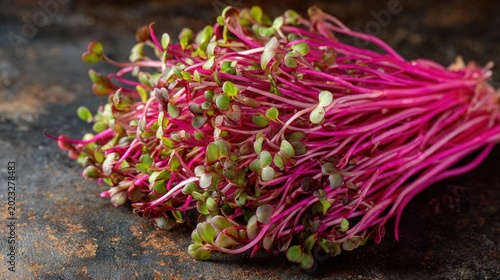 Rustic market bundle of pink microgreens. Farmtotable scene with weathered backdrop, roots and soil traces visible, conveys seasonal harvest, local produce, and artisanal appeal.