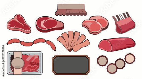 Tableau sur toile Fresh butcher meat illustration set with pork beef lamb ribs sausages and raw fo