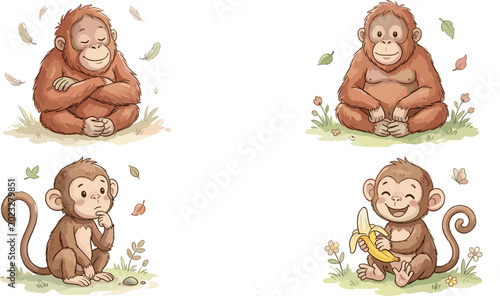 Canvas Print Adorable Monkey Cartoon Character Set with Cute Baby Primates Sitting Eating Ban