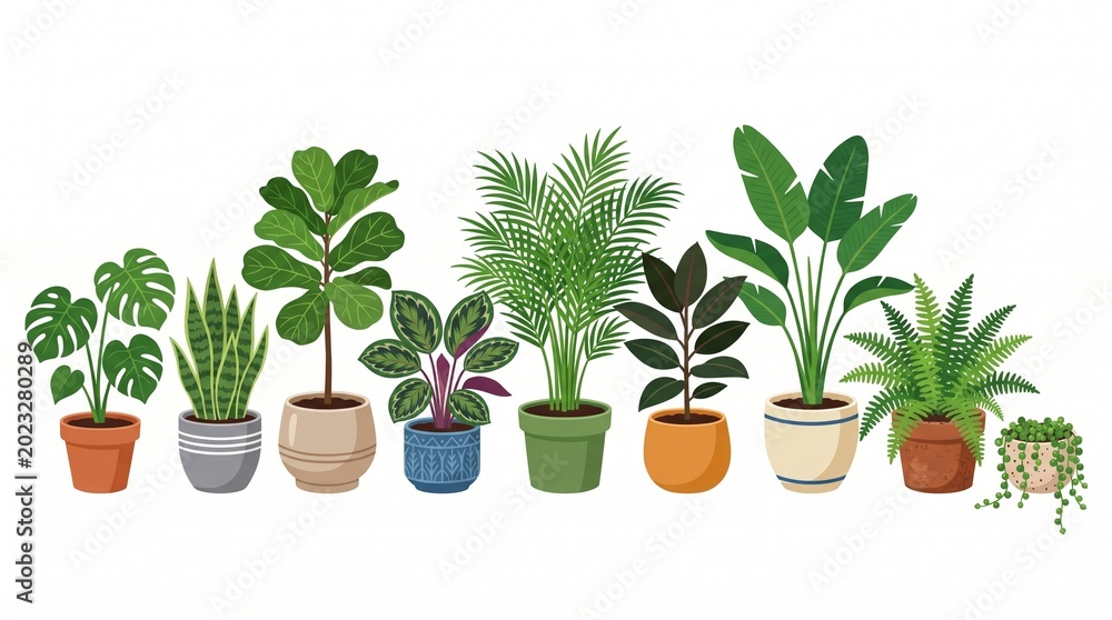 Fototapeta premium A diverse collection of potted houseplants with various leaf shapes and pot designs arranged neatly in a row.