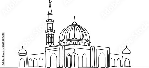 Photos Continuous line drawing of a majestic mosque architecture.