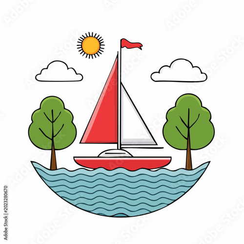 Stylized Sailboat on Water with Sun and Trees