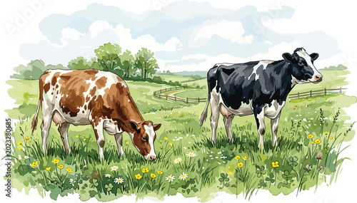 Foto Watercolor Farm Cow Illustration with Grazing Cattle in Green Meadow Landscape f