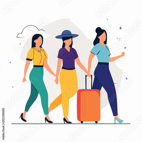 Three women walking with luggage