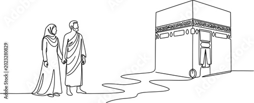 Tableau sur toile Continuous one line drawing of a Muslim couple performing Hajj or Umrah at the Kaaba in Mecca