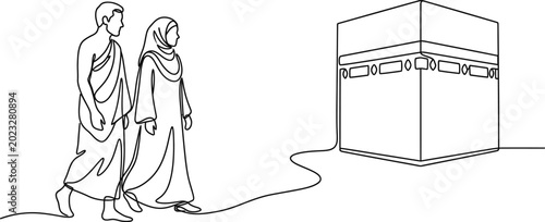 Εκτύπωση καμβά Continuous one line drawing of a Muslim couple performing Hajj pilgrimage near the Kaaba in Mecca