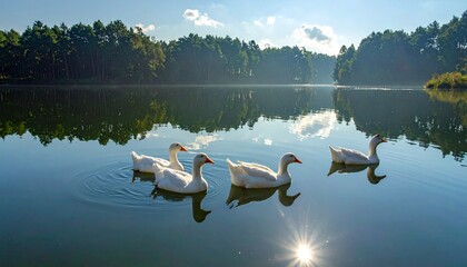 Four white ducks swimming in serene lake