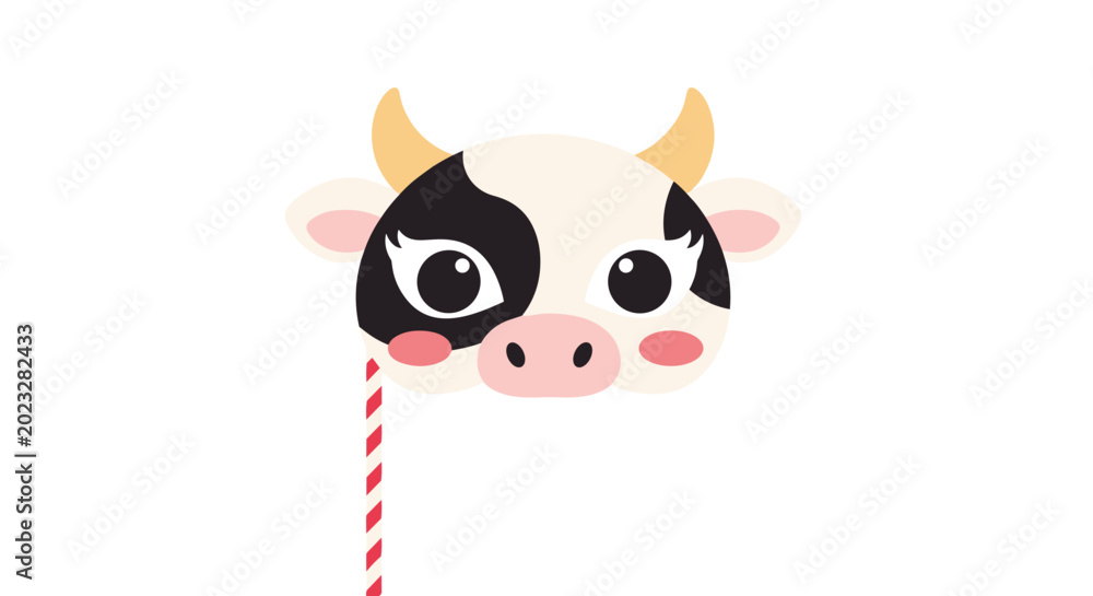 Naklejka premium Cute cow face mask for children on a stick, featuring black and white spots and pink cheeks, ideal for parties and role-playing games.