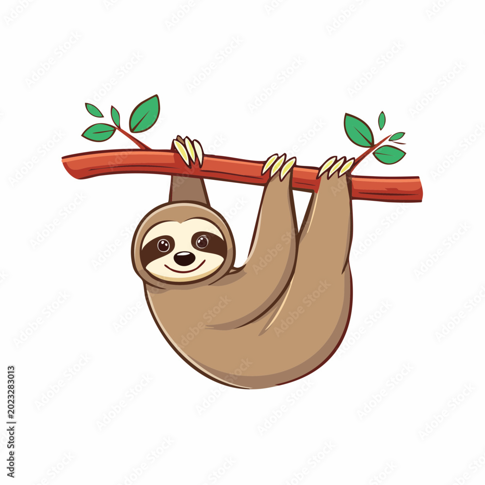 Fototapeta premium Cute cartoon sloth hanging from a tree branch