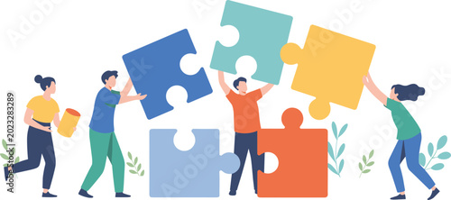 Business Teamwork Concept with Flat People Connecting Colorful Jigsaw Puzzle Pieces Together for Cooperation, Solution, Unity, and Partnership Corporate Designs