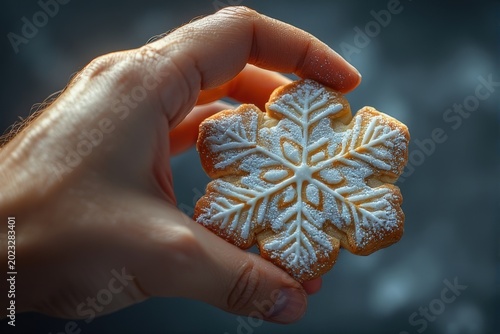 Hand holding a snowflake-shaped gingerbread cookie with white icing, festive winter and Christmas holiday concept
