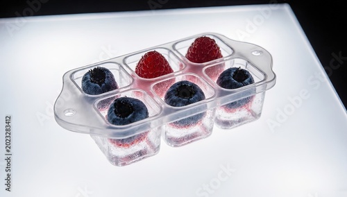 Clear silicone ice cube tray filled with water and fresh berries like raspberries and blueberries on a white background, healthy summer drink concept

