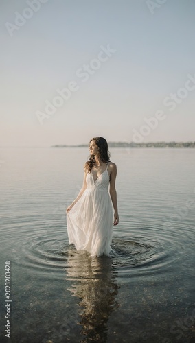 Ethereal woman in a flowing white dress standing in calm water at sunset, serene nature and fashion concept